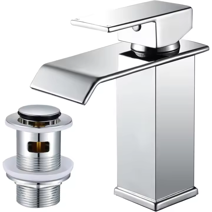 Grifo mezcla de Cascada para a lavabo de baño, con desagüe, emergente, moderno, monomando, Cuadrado, cromado, con Desagüe - 1