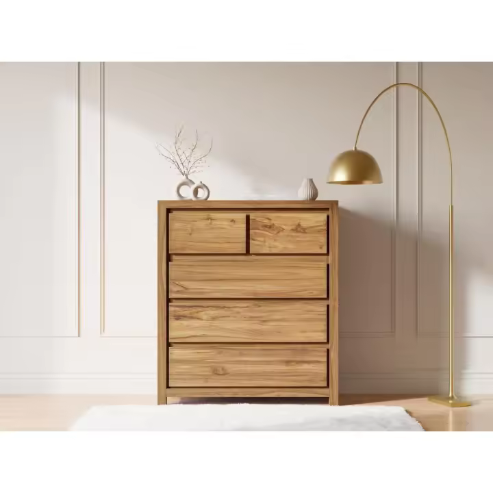 Vente-unique - Cómoda de 5 cajones de madera de teca - Color: Natural - ALEMIA - 1