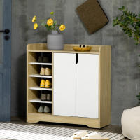 HOMCOM Mueble Zapatero Moderno Zapatero Estrecho con 2 Puertas Estantes de Almacenamiento para 13 Pares de Zapatos para Entrada Pasillo 80x30x80 cm Natural y Blanco - details 2