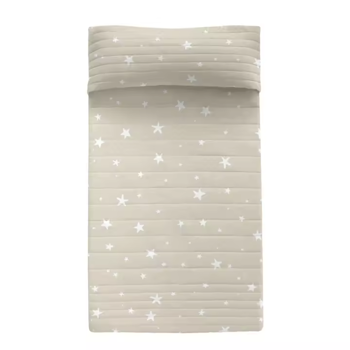 Happyfriday- Little star beige Colcha, Colchas infantiles 100% Algodón (exterior) 100% Poliéster (relleno), calidad de 150 TC, Fabricado en España - 1