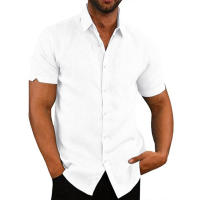 Camisa Casual Para Hombre De Algodón Y Lino De Estilo Playa Con Cuello En V Y Mangas Cortas Talla Grande Color Sólido Para Verano - details 3