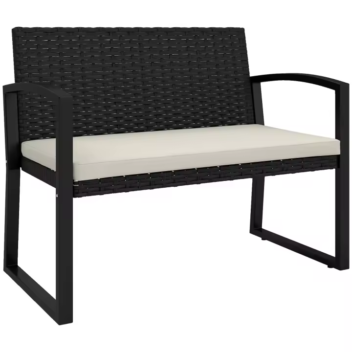 Outsunny Banco de Jardín de Ratán Sintético de 2 Plazas Banco de Exterior con Cojín y Reposabrazos Carga 240 kg para Terraza Patio 103x58x78 cm Negro y Beige - 1