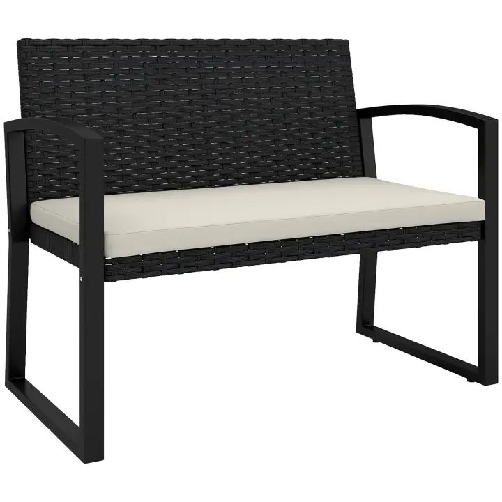 Outsunny Banco de Jardín de Ratán Sintético de 2 Plazas Banco de Exterior con Cojín y Reposabrazos Carga 240 kg para Terraza Patio 103x58x78 cm Negro y Beige - 1