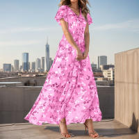 Vestido Largo De Mujer Elegante En Chiffon Floral Con Manga Corta Y Cuello En V A-Line Con Volante Y Cintura Empresarial Para Verano - details 10