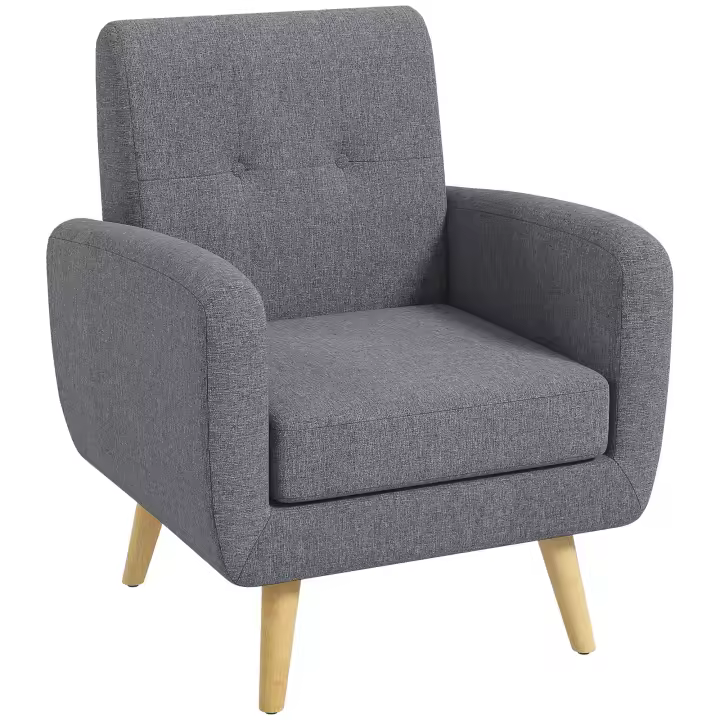 HOMCOM Sillón individual Sillón relax Sillón tapizado con aspecto de lino, sillón de televisión de diseño moderno, sillón con reposabrazos con cojín de asiento, patas de madera, para sala de estar, dormitorio, gris claro - 1