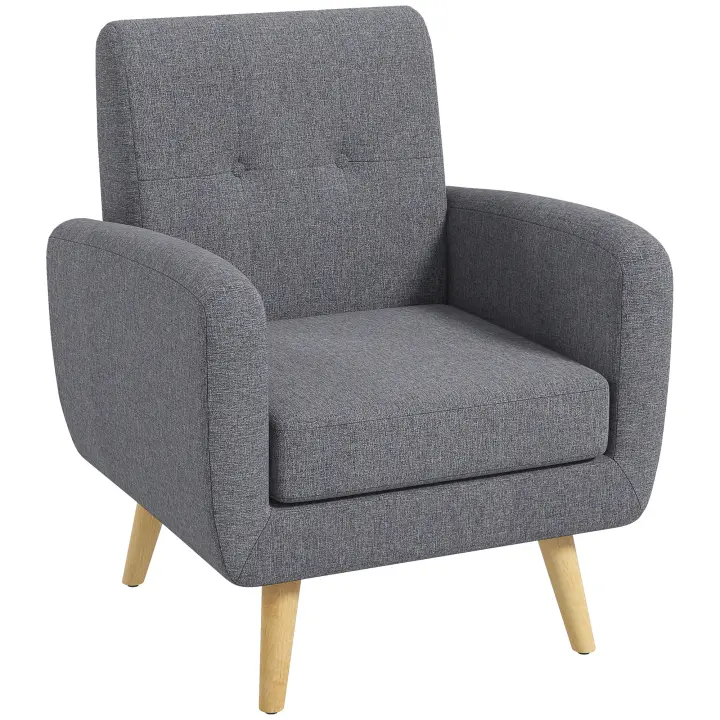 HOMCOM Sillón individual Sillón relax Sillón tapizado con aspecto de lino, sillón de televisión de diseño moderno, sillón con reposabrazos con cojín de asiento, patas de madera, para sala de estar, dormitorio, gris claro - 1