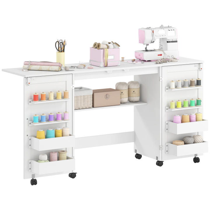 HOMCOM Mesa de Costura Plegable con 6 Ruedas, Mueble para Máquina de Coser con 20 Clavijas para Hilos, 4 Compartimentos, Estante, Armario de Costura para Estudio, Salón, Dormitorio, Blanco