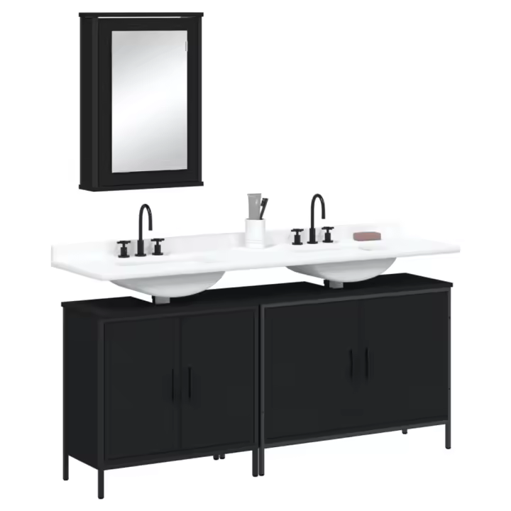 vidaXL Set de muebles de baño 3 pzas madera contrachapada en color Roble Sonoma/Negro/Roble ahumado | almacenamiento funcional diseño moderno para baño dormitorio sala - 1