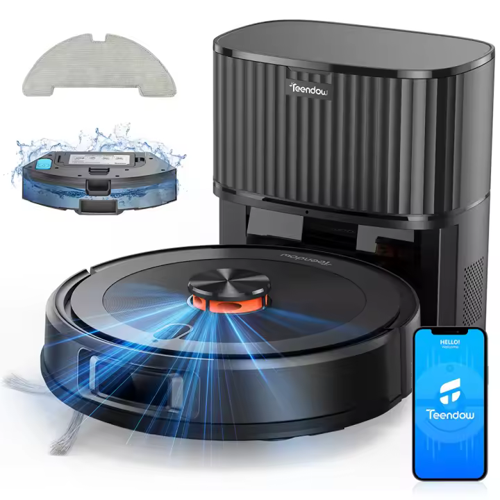 Robot Aspirador y Fregasuelos con Base Teendow D10S MAX,Potente Succión de 3000Pa,2-en-1,Autonomía 150 min,Aspirador Robot Múltiples Métodos de Control y Modos de Limpieza,Robot Aspirador para Suelo Alfombra y Pelo - 1