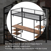 Cama de Hierro, Litera, adecuada para niños y adolescentes, Con Mesa y estantes, Con Escalera de Cuatro peldaños, Hierro aglomerado, Negro Grano de Madera Oscuro, 90x200 cm - details 4