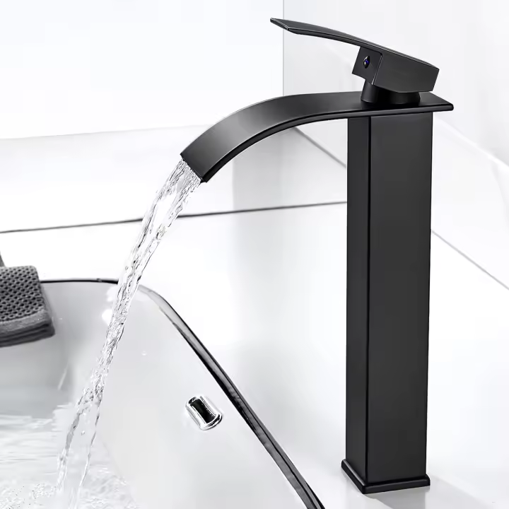 ZC Grifo Lavabo Cascada Negro Alto, Grifos Lavabos Monomando para Cuadrado Fregadero con Altura de Salida de Agua 185 mm, Moderno Grifos Cascada de Baño Agua Fria y Caliente Disponible, G3/8 - 1