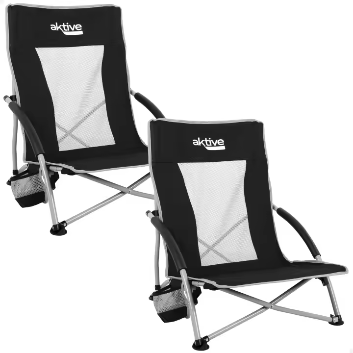 Pack 2 sillas plegables camping bajas y transpirables negras c/posavasos Aktive - 1