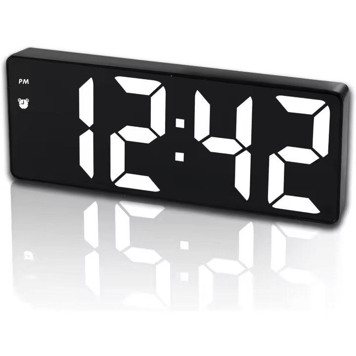 Reloj despertador digital de cabecera, gran espejo LED reloj electrónico con temperatura, fechas, Ajustar brillo, control voz - 1