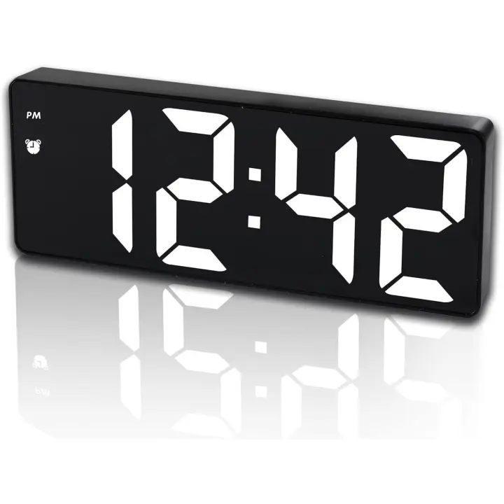 Reloj despertador digital de cabecera, gran espejo LED reloj electrónico con temperatura, fechas, Ajustar brillo, control voz - 1