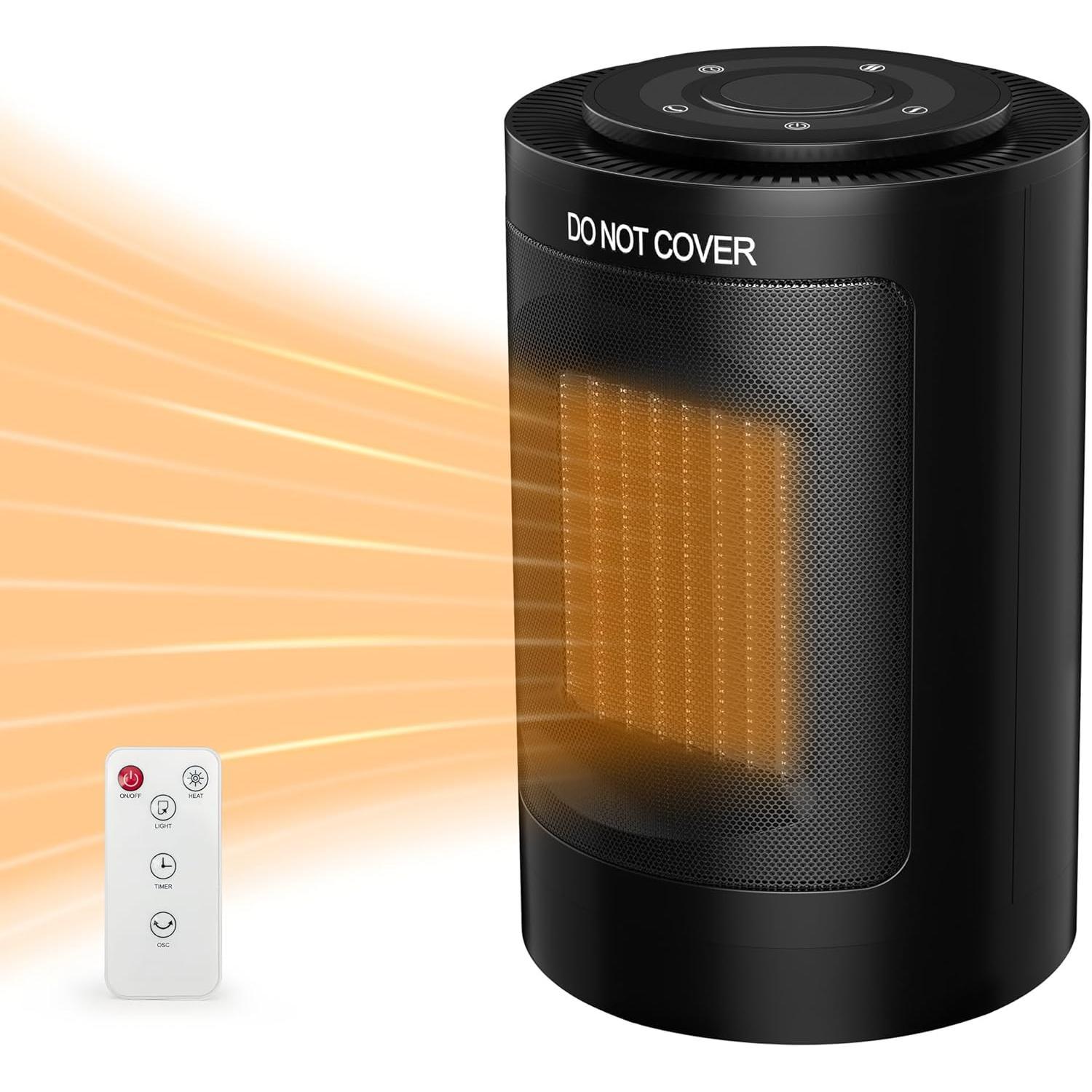 Calefactor de Aire Caliente, Ventilador Calefactor Cerámico con Mando a Distancia， Calentador Electrico Giratorio y Silencioso para Baño, 3 Niveles de Calor, Oscilante con Temporizador hasta 8H