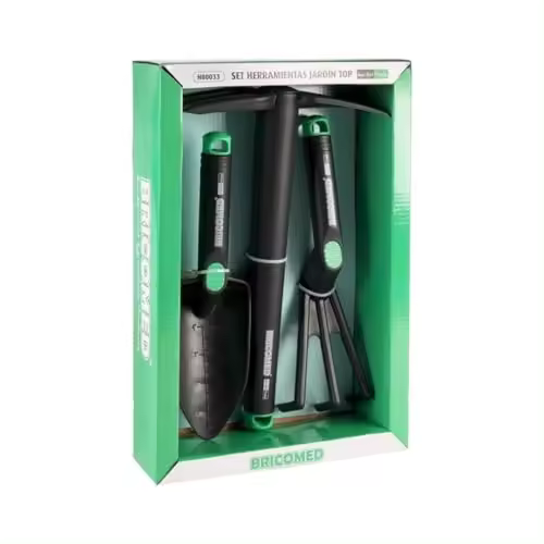SET HERRAMIENTAS JARDIN TOP ABS (C/ ESTUCHE) que incluye: Azadilla y horquilla, pala trasplantadora ancha y rastrillo 3 dientes - Bricomed - 1