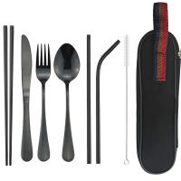 Juego De Comedor Portátil Para Viajes Y Senderismo Con Bolsa Cuchillo Tenedor Cuchara Palillos De Acero Inoxidable Reutilizable Color Plata - details 1