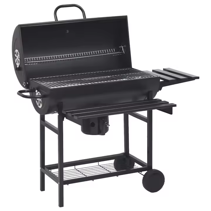 vidaXL Parrilla de barril ruedas y estantes acero negro 115x85x95 cm - 1