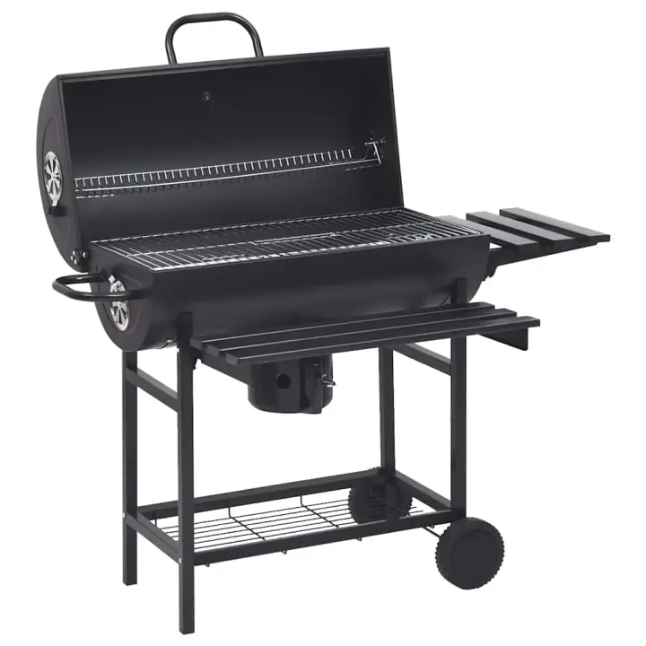 Parrilla de barril ruedas y estantes acero negro 115x85x95 cm - 1