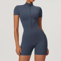 European and American nude one-piece yoga suit with stand up collar, half zipper, short sleeved fitness jumpsuit, tight fitting - details 7