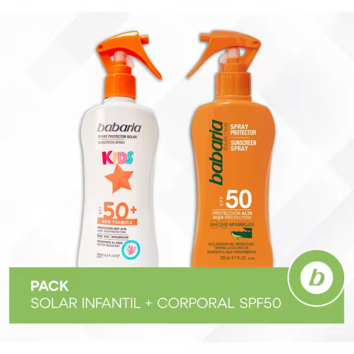 Babaria Pack Solar Infantil + Corporal SPF50: Protector Solar Kids y Spray Protector Solar Hidratante, Resistente al Agua para Protección y Cuidado - 1