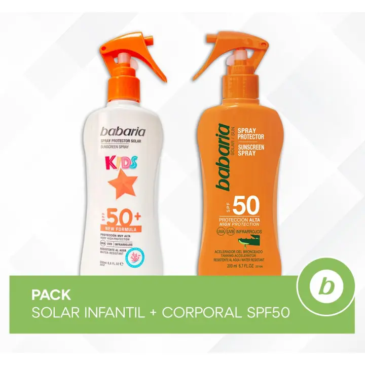 Babaria Pack Solar Infantil + Corporal SPF50: Protector Solar Kids y Spray Protector Solar Hidratante, Resistente al Agua para Protección y Cuidado - 1