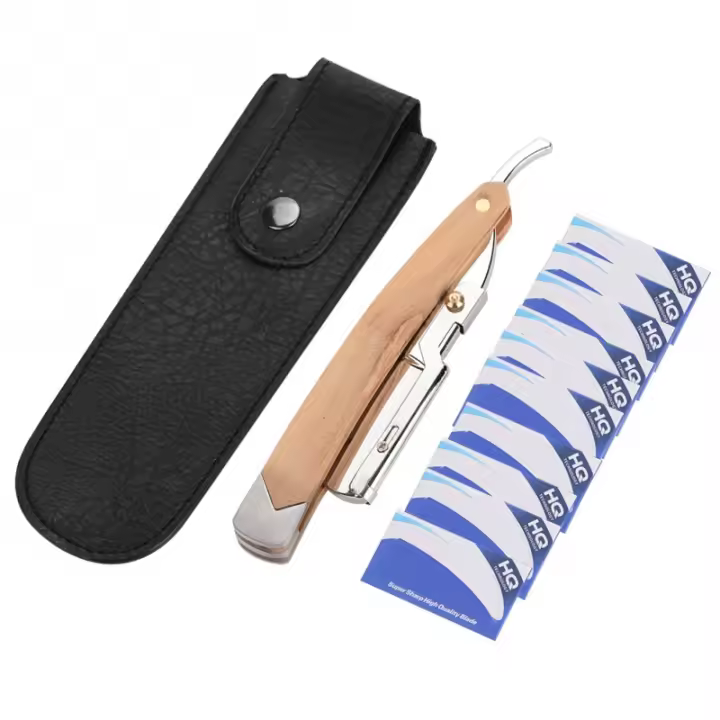 Afeitadora De Seguridad Para Hombre Con Mango De Madera Retro 10pcs Cabeza De Cuchilla Plegable Herramientas De Limpieza Y Cuidado Del Rostro - 1