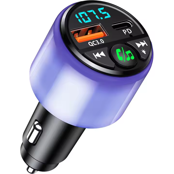 Transmisor FM Bluetooth Coche 5.3, [PD 30W & QC3.0 18W] Cargador Carga Rapida, Receptor y Adaptador Radio Bluetooth con 5 Luces de Colores, Kit Manos Libres Inalámbrico Reproductor Música - 1