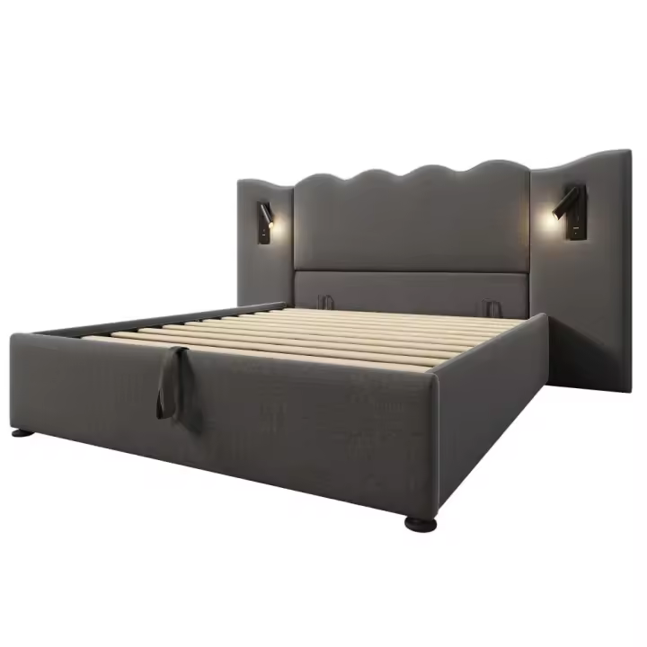 Cama tapizada Twin 160x200 with Luz de Lectura y Carga USB Typo-C, somier de almacenamiento with listones de Madera maciza y metal, Gris, Linen (cojín no incluido). - 1