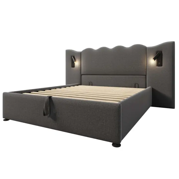 Cama tapizada Twin 160x200 with Luz de Lectura y Carga USB Typo-C, somier de almacenamiento with listones de Madera maciza y metal, Gris, Linen (cojín no incluido). - 1