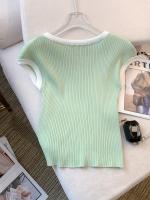 Nueva Chaleco De Cuello Redondo Para Mujer Verano 2024 Estilo Casual Manga Corta Tejido Delgado Ajustado Spliced Polyester - details 5
