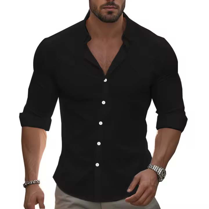 MOV Camisa informal de manga larga de color liso para hombre, camisa playera de algodón con solapa y botones, de manga larga - 1