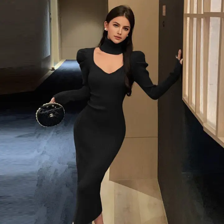 YuooMuoo Vestido Largo De Nieve Elegante Y Moderno Con Pañuelo De Cuello Para Mujer Estilo Oficina Ribbed Otoño Invierno Bodycon Suéter Vestidos - 1
