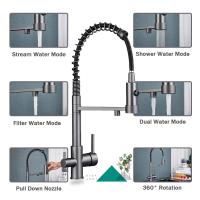 Grifo extraíble con cuerpo de acero inoxidable 304, manguera retráctil, modo caño múltiple, absorción magnética, revestimiento antihuellas, cartucho cerámico, sistema de filtración, base giratoria 360°, cocina, baño, doméstico - details 5