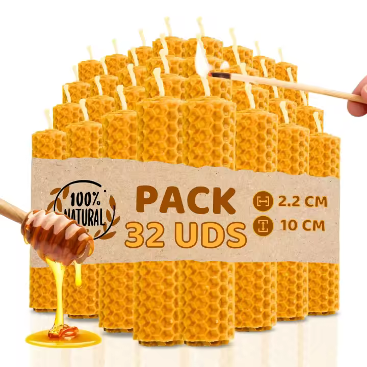 Pack de 32 Velas de Miel de Abeja para Rituales 100% Natural - DECEVI - Hechas a Mano - Origen España - SIN PARAFINA - Velas 10 cm x 2,2 cm - Enciende la Magia de la Luz Suave y Cálida - 1