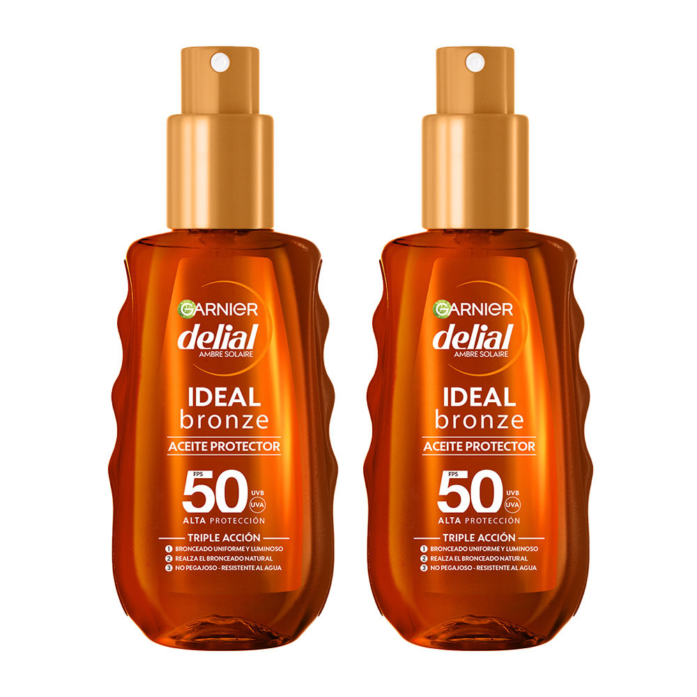 GARNIER | Delial Aceite Protector IDEAL Bronze FPS 50 para un bronceado uniforme y luminoso - 2x150ml