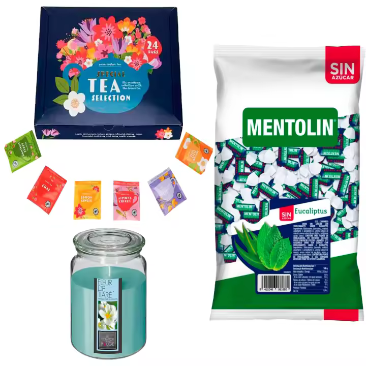 Pack bienestar: MENTOLIN EUCALIPTUS S/A BOLSA 1KG + Vela perfumada con flor tiare + Set de Te con 24 bolsitas con diferentes sabores y aromas - 1