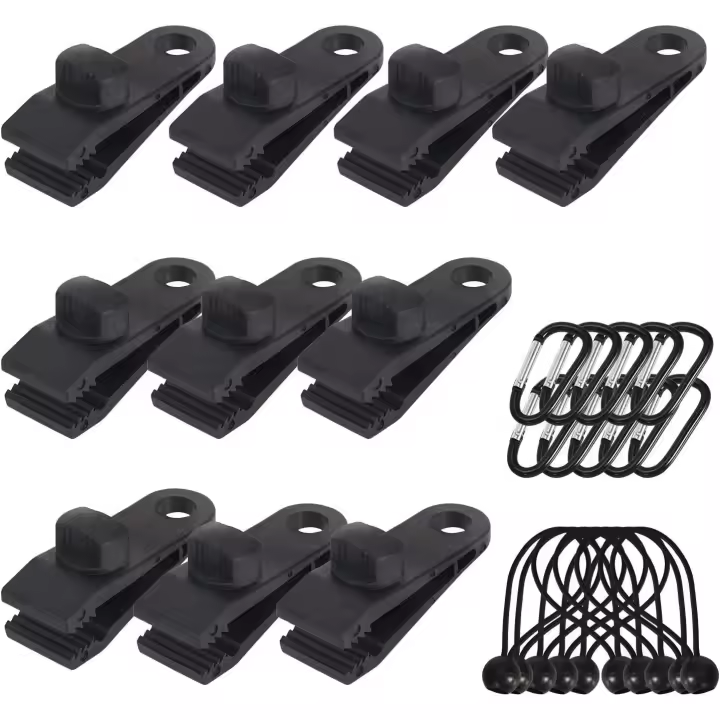 10 Pack Tarp Clips Outdoor Tarp Holder with Webbing Tie Down Bungee Cord + D-Shaped Carabiner for Tarps, Awnings, Camping, Caravan, Car Covers - 1