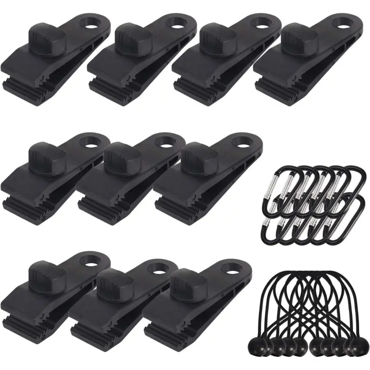 10 Pack Tarp Clips Outdoor Tarp Holder with Webbing Tie Down Bungee Cord + D-Shaped Carabiner for Tarps, Awnings, Camping, Caravan, Car Covers - 1