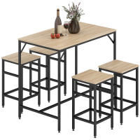 HOMCOM Juego de Mesa y Taburetes de Bar, Mesa Alta de Cocina con 4 Taburetes Industrial, con Reposapiés, Ahorro de Espacio, para Espacios Reducidos, Comedor, Salón, Roble - details 0