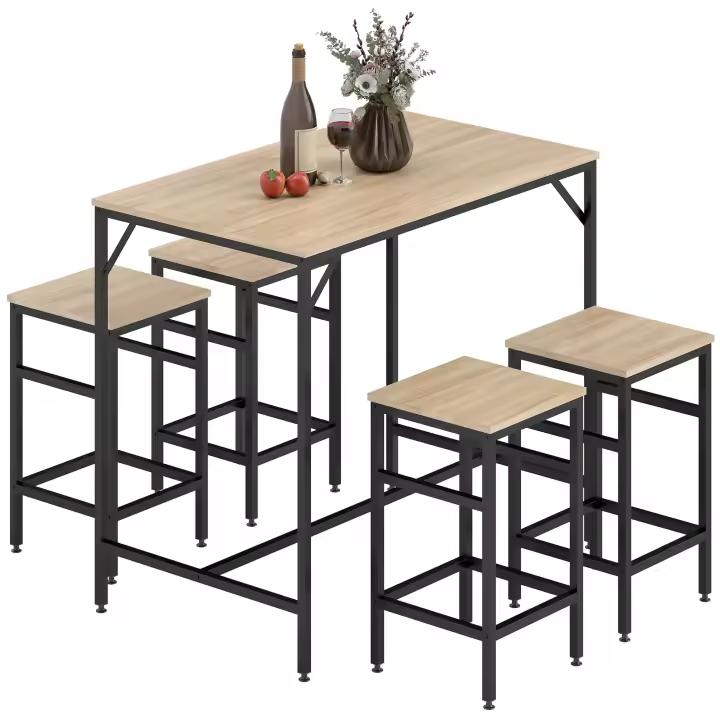 HOMCOM Juego de Mesa y Taburetes de Bar, Mesa Alta de Cocina con 4 Taburetes Industrial, con Reposapiés, Ahorro de Espacio, para Espacios Reducidos, Comedor, Salón, Roble - 1