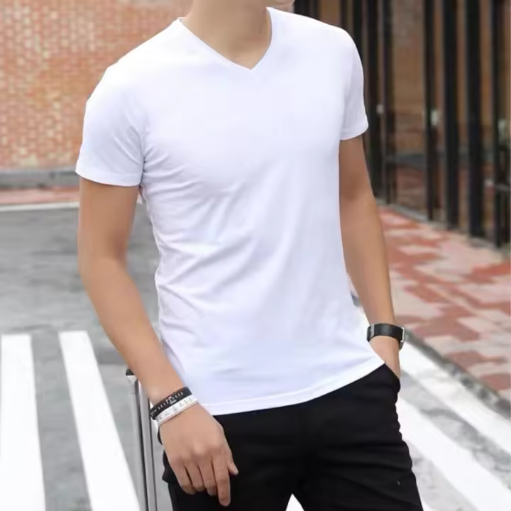 Camiseta De Verano Para Hombre Estilo Casual Cuello En V Manga Corta Algodón Puro Calidad Superior Blanca Ropa Sencilla - 1