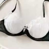 Lencería Sexy De Contraste Negro Y Blanco Conjunto De 2 Piezas Translúcido Con Bordado En Forma De Corazón Y Lazo Sujetador Y Brief Para Mujer - details 14