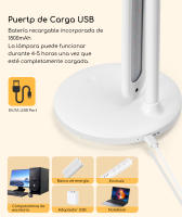 Aigostar lámpara escritorio LED, flexo de escritorio plegable con cable, batería recargable, 3 modos, 5 niveles de brillo, puerto tipo C, función de memoria, control táctil, flexible ajustable,blanco - details 1