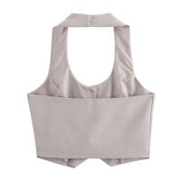 Conjunto De Vestido Y Pantalones Anchos Para Mujer TRAFZA Estilo Retro Sin Espalda Halter Collar Delgado Botones + Cintura Alta Pleated Con Bolsillos - details 4
