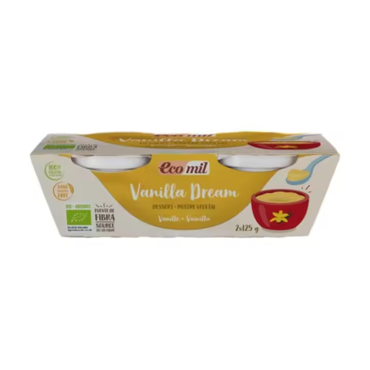 Postre Vegetal Bio 4 Sabores | Pack de 3x | 2x125g por unidad | Cacao Dark, Crema Catalana, Salted Caramelo y Vainilla Dream | Sin lactosa, sin gluten y sin azúcares añadidos | Apto veganos | ECOMIL - 1