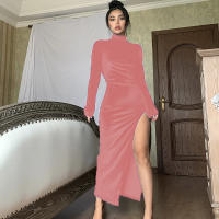 Vestido De Veludo Largo Para Mujer Estilo Otoño E Invierno Cuello Alto Con Abertura Y Pliegues Vestido Ajustado Y Sexy - details 8