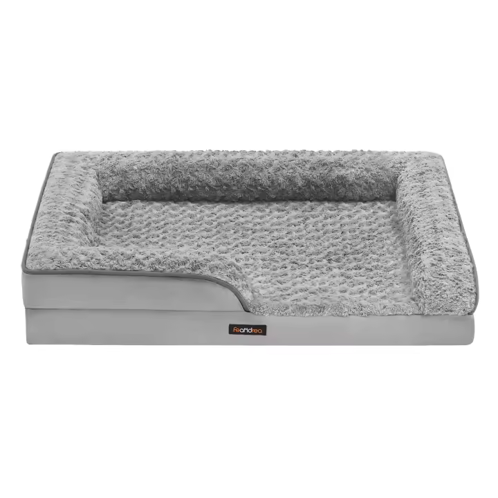 Feandrea Cama Perro Mediano, Caseta para Mascotas, Ortopédica con Espuma Corrugada, Bordes Elevados Acolchados, Funda Extraíble Motivo Rosa Peluche, 71 x 58 x 16/91 x 68 x 16/106 x 81 x 18/122 x 89 x 18 cm, Gris Paloma, Regalo de Navidad - 1