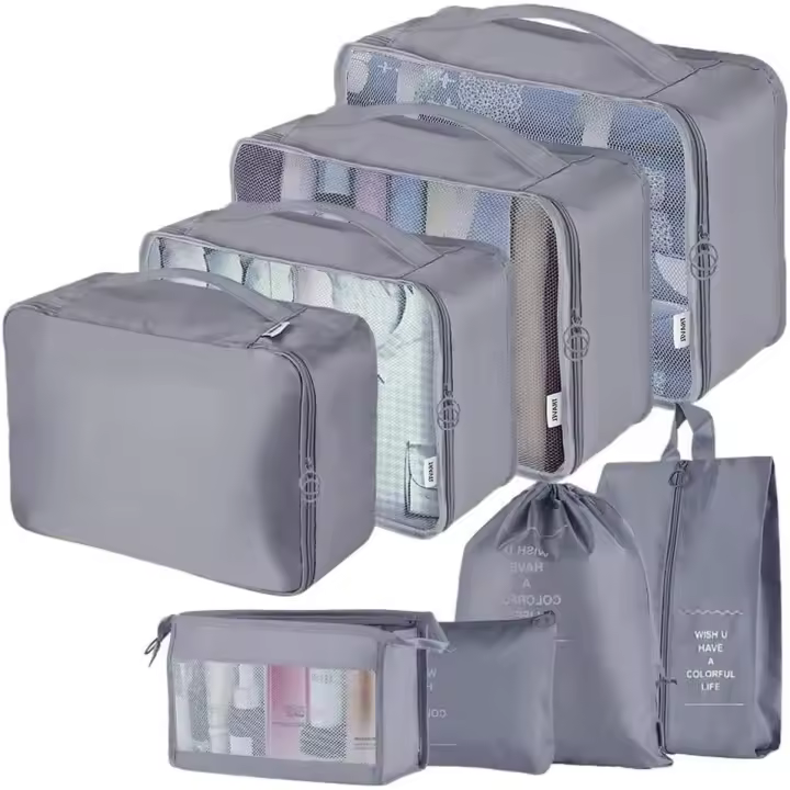 Cubos de embalaje para viajes, organizador de equipaje multifunción de 8 piezas/juego, bolsa esencial para maletas de compresión a prueba de agua, gris oscuro - 1