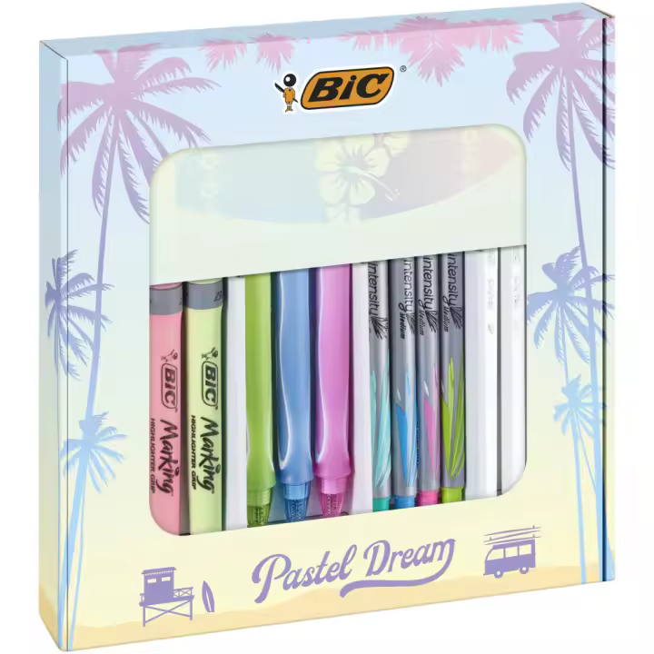 BICPastelDreamKit - 3 Bolígrafos Gel-ocity Quick Dry/4 Rotuladores Intensity Medium/4 Marcadores Pastel/ 4 Bolígrafos/ 1 Cuaderno - Caja de Regalo con 16uds. - 1